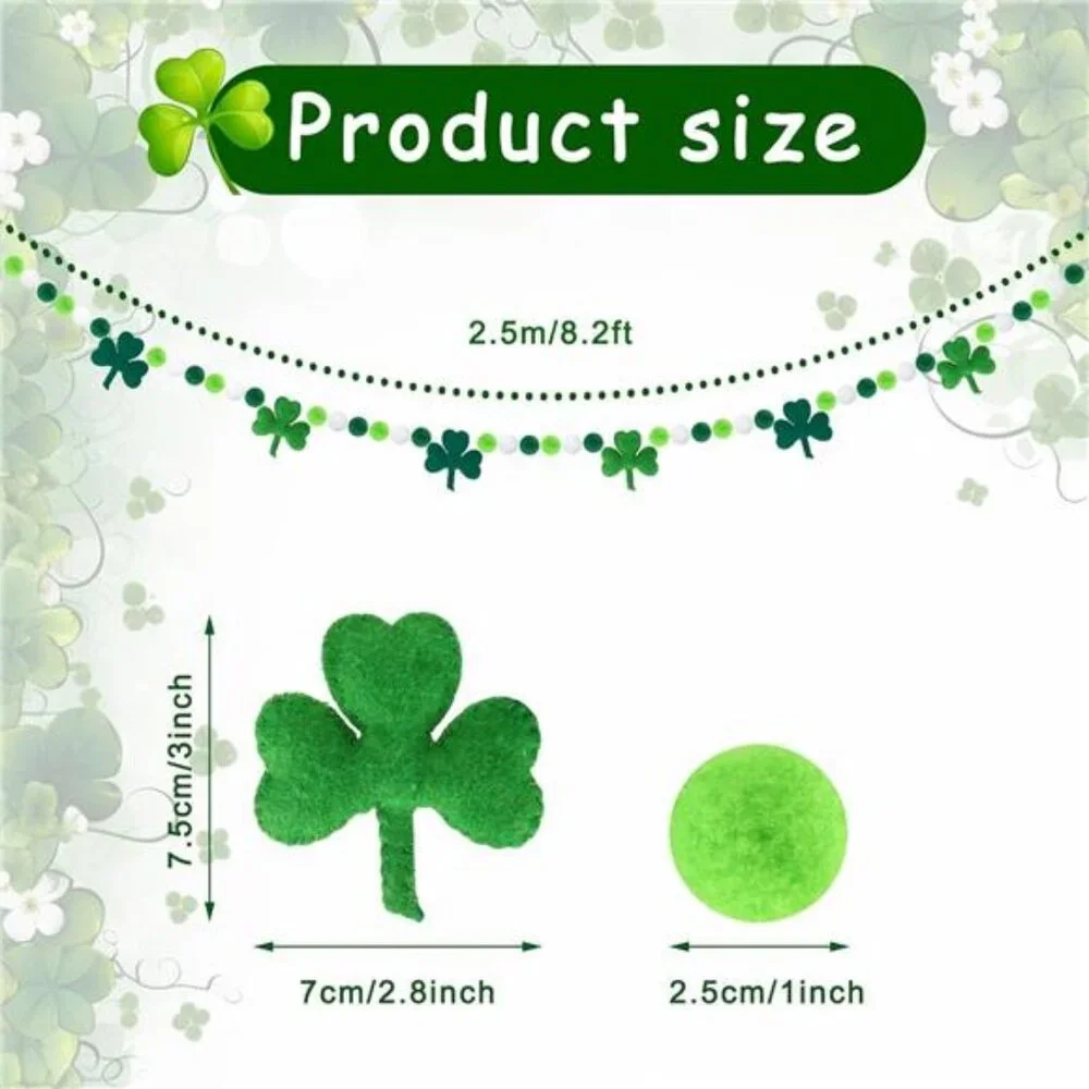 8.2Ft St. Patrick's Day Felt Pom Banner Lucky Shamrock Garland Green